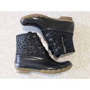 Women's 7.5 Sperry Topsider Duck Boots Black Cheetah Waterproof Rain Boots